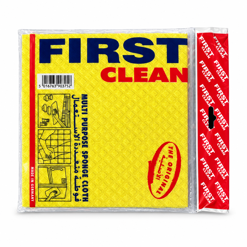 First Clean yellow multipurpose sponge cloth in clear packaging with a red side header on white background