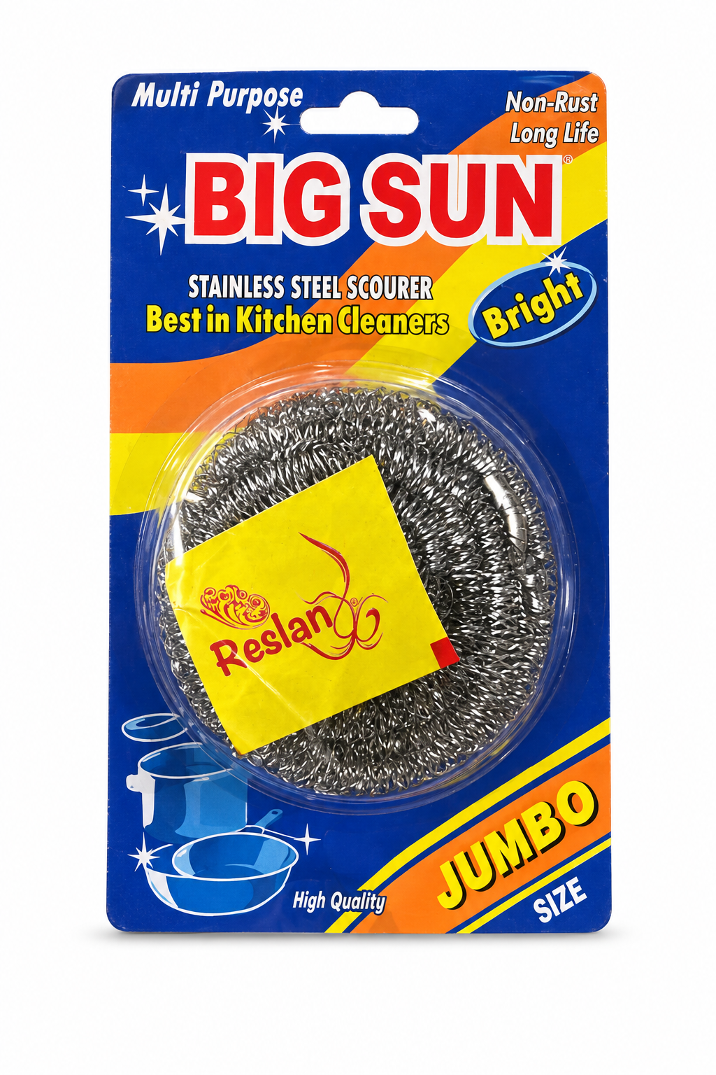 Big Sun Jumbo stainless steel scourer in blue blister packaging with yellow Reslan sticker on white background
