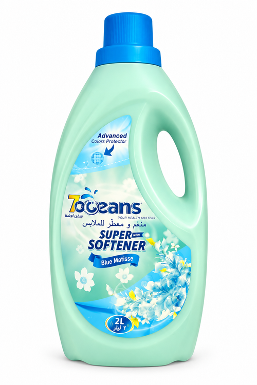 7 Oceans Blue Matisse 2 L pale mint-blue fabric softener jug with floral label and blue cap on white background