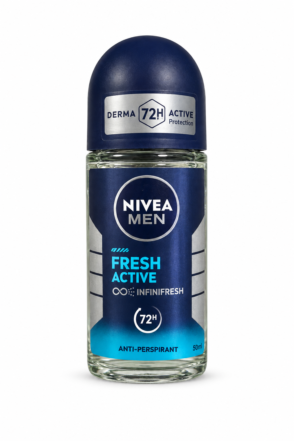 Nivea Men Fresh Active glass roll-on bottle with navy cap and blue turquoise label on white background