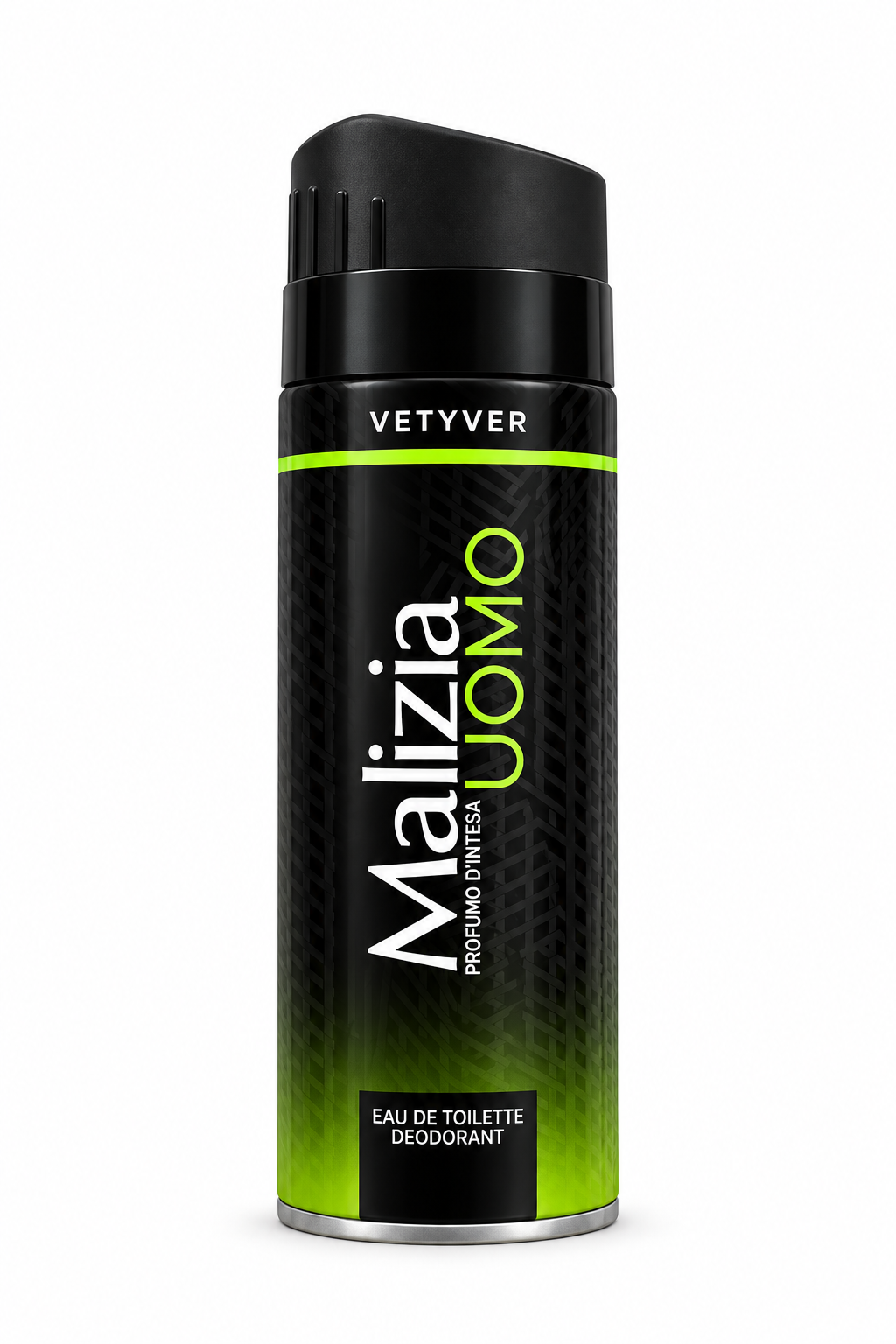 Malizia Uomo Vetyver original black and green deodorant spray can on white background
