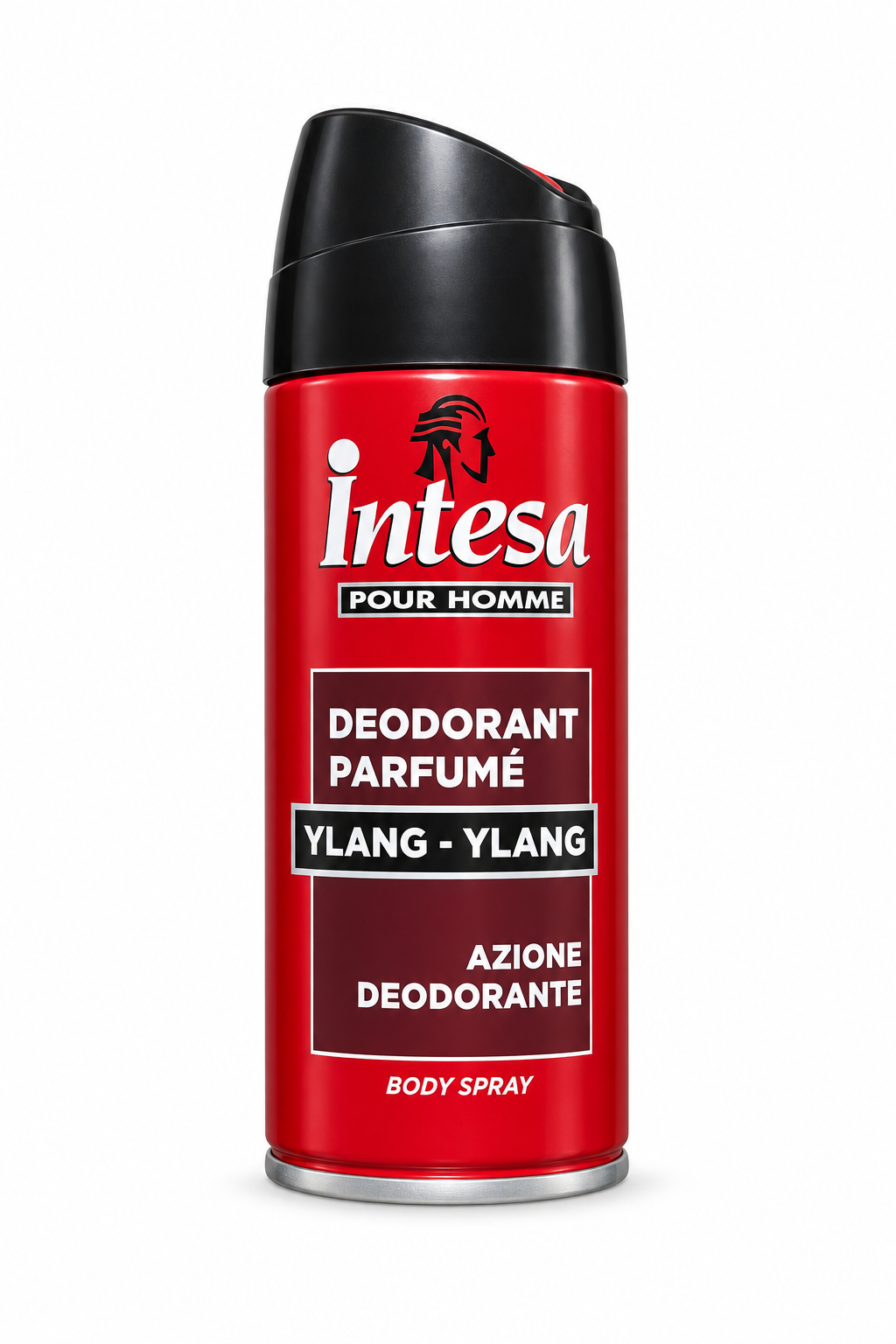Intesa Pour Homme Ylang-Ylang red body spray can with black cap on white background