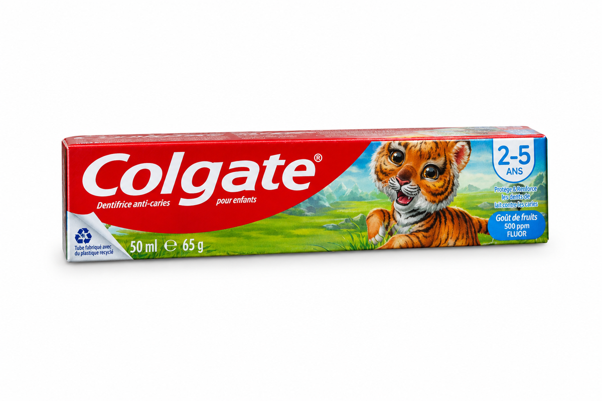 Colgate kids toothpaste carton for ages 2–5 on a white background