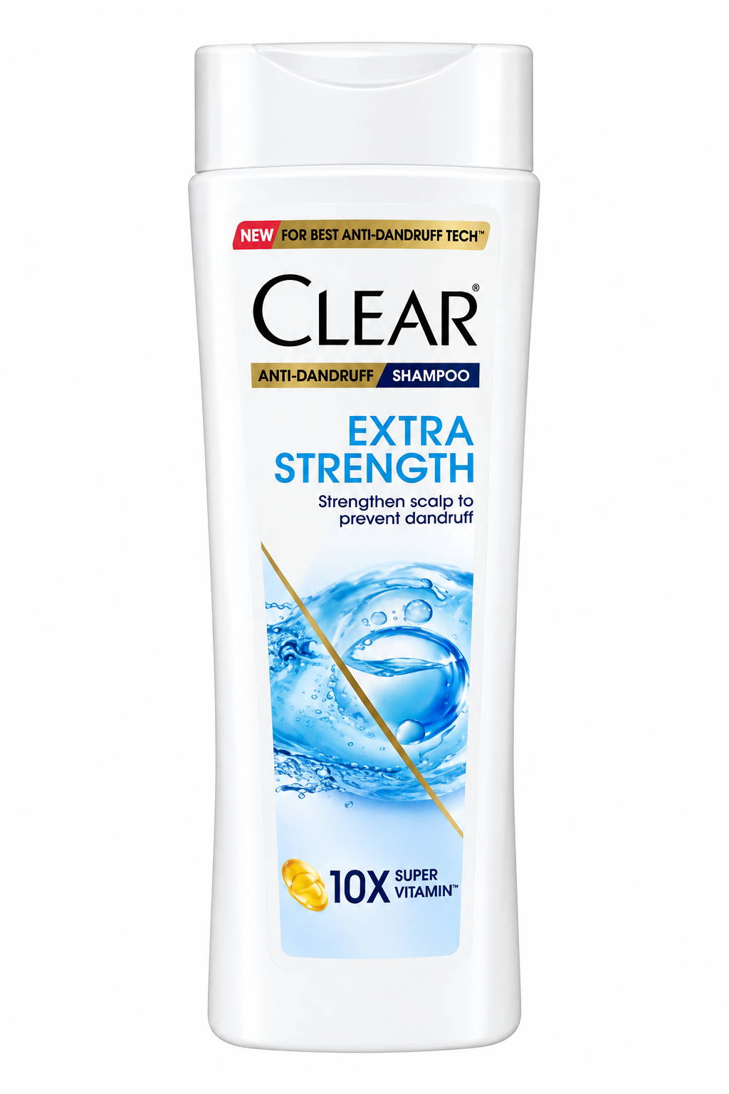 Clear Extra Strength shampoo with white cap on white background