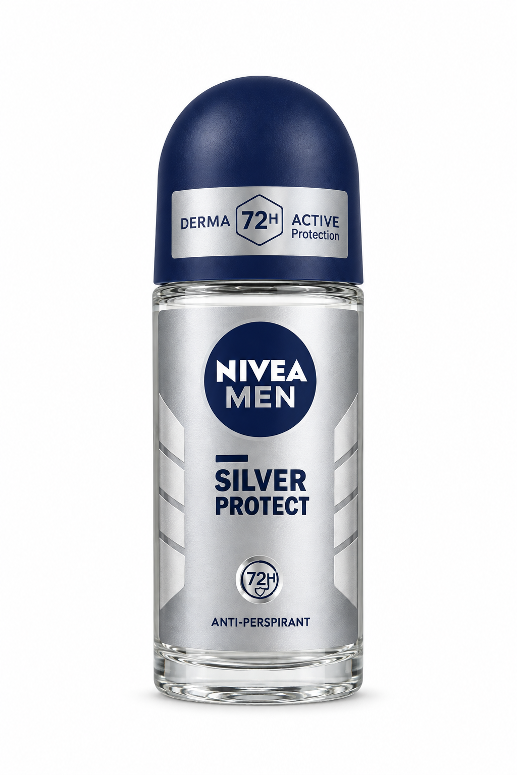 Nivea Men Silver Protect glass roll-on bottle with silver label and navy cap on white background