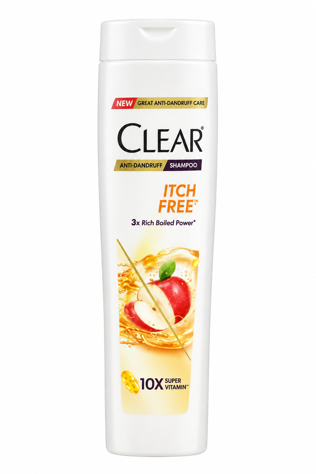 Clear Itch Free shampoo with white cap on white background
