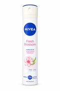 Nivea Fresh Blossom white spray can with pink flower artwork on white background