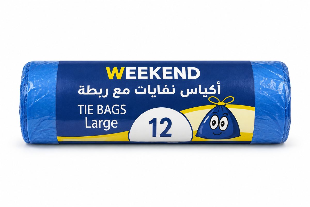 Weekend Large blue tie garbage bag roll with navy label and 12 marking on white background