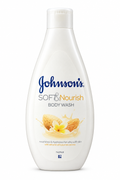 Johnson’s Soft & Nourish white body wash bottle with almond and yellow flower artwork on a white background