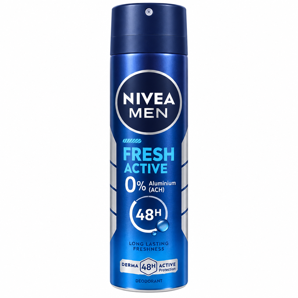 Nivea Men Fresh Active 48H blue deodorant spray on white background