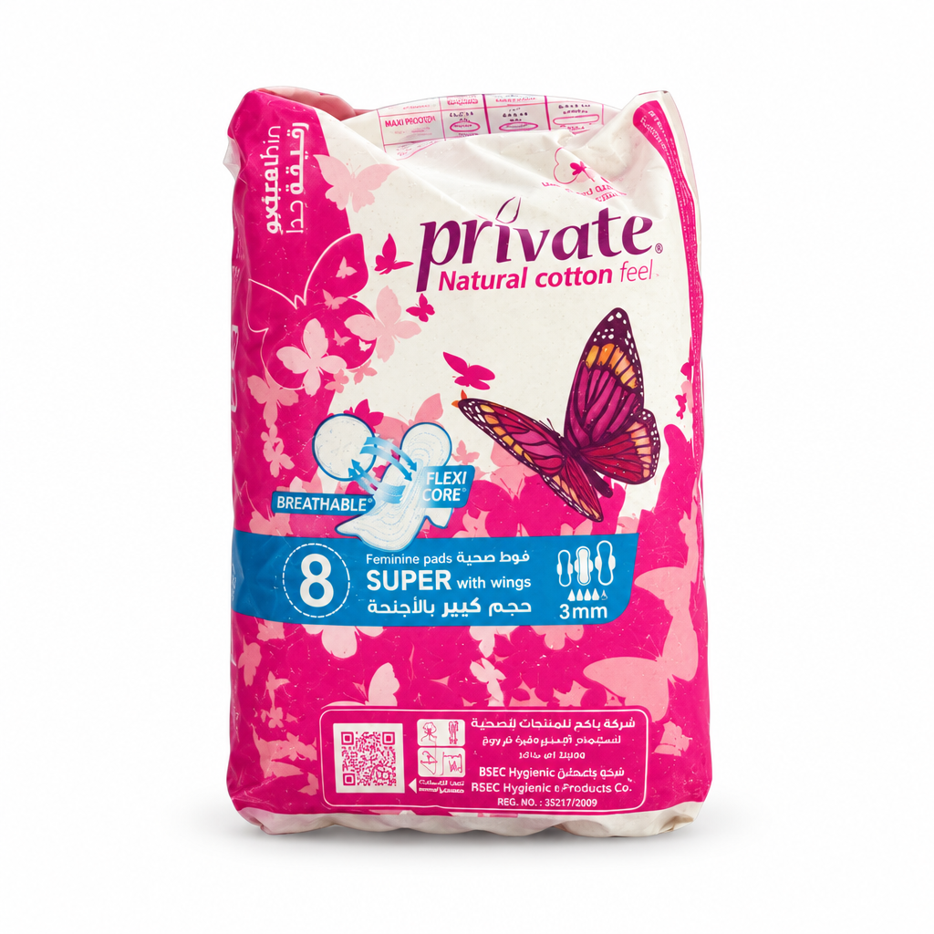 Private Super sanitary pads with wings, 8 pack, on a white background