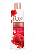 Lux Romantic Hibiscus white body wash bottle with red flower artwork and rose-gold cap on a white background