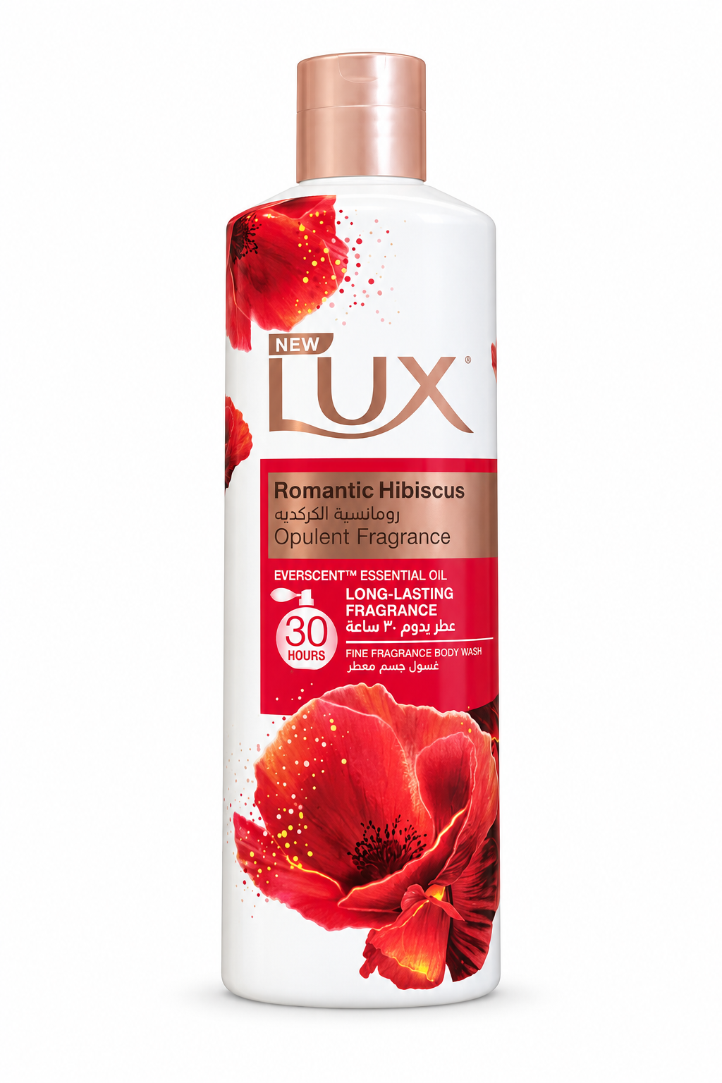 Lux Romantic Hibiscus white body wash bottle with red flower artwork and rose-gold cap on a white background