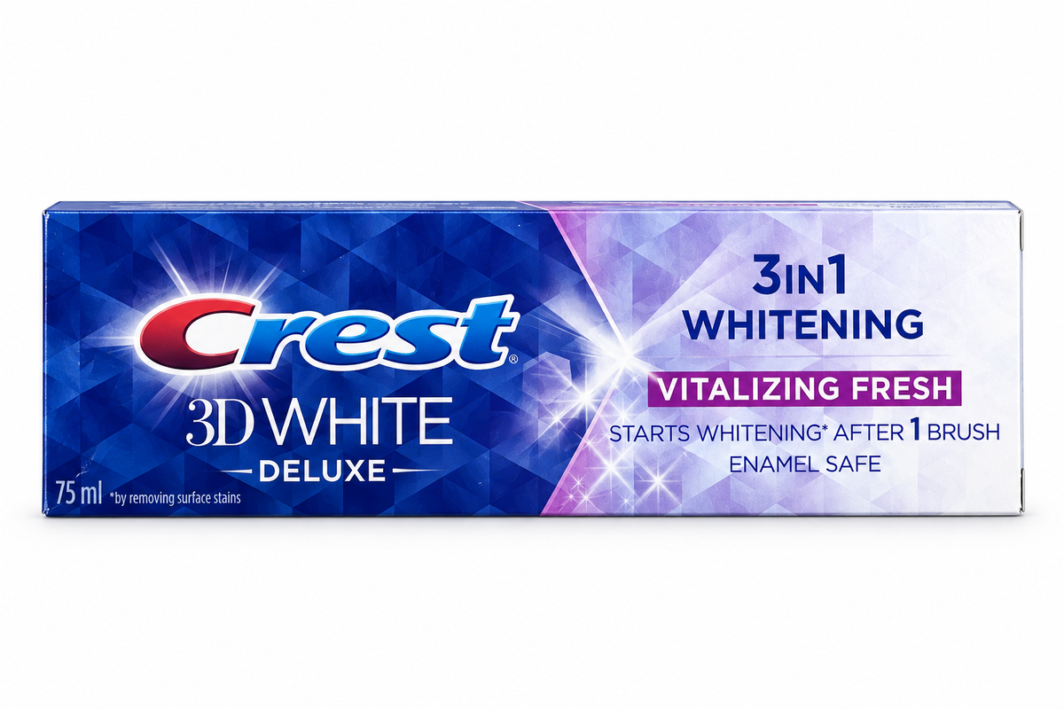Crest 3D White Deluxe Vitalizing Fresh toothpaste box on a white background
