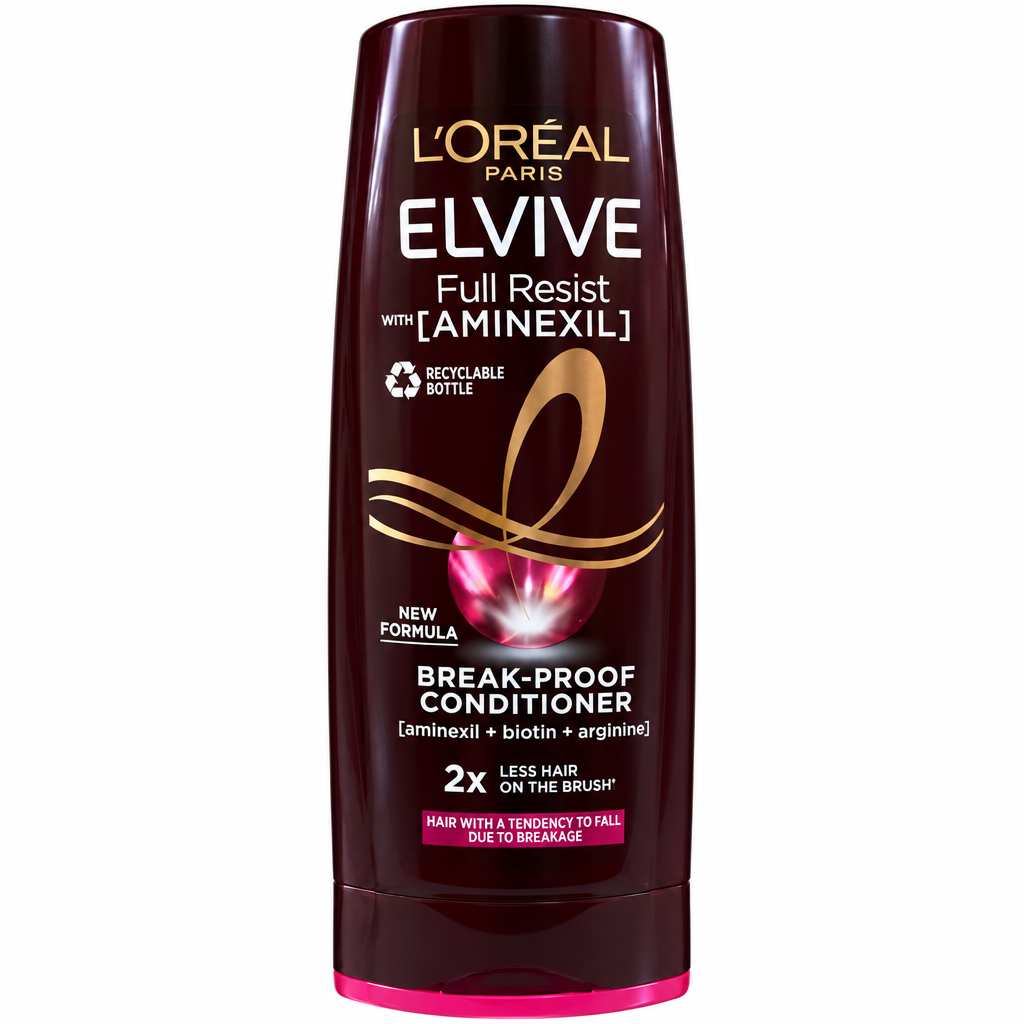 L’Oréal Elvive Full Resist conditioner in its burgundy bottle on white background