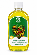 Maza Trading yellow fruit and vegetable cleaner bottle with original green fruit-heart label and white cap on white background