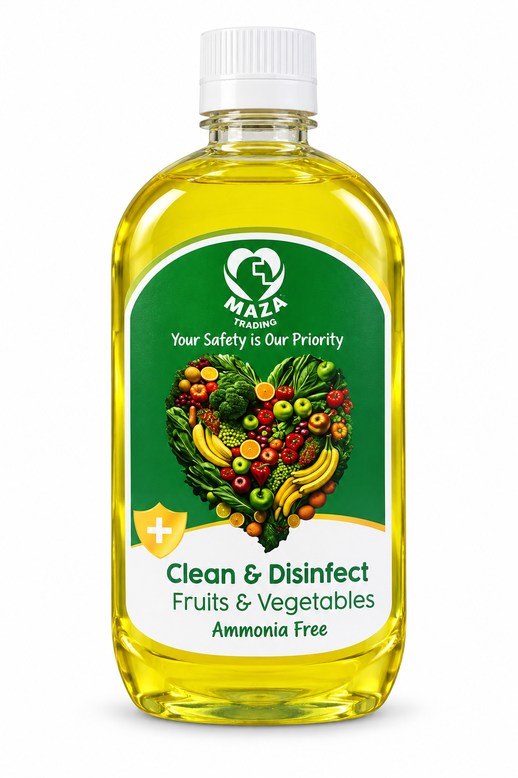Maza Trading yellow fruit and vegetable cleaner bottle with original green fruit-heart label and white cap on white background