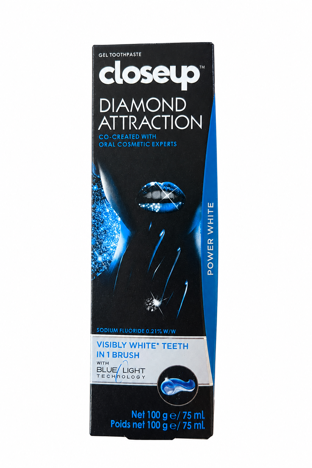 Closeup Diamond Attraction Power White toothpaste on a white background