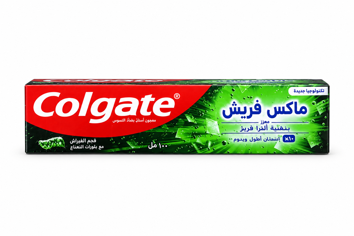 Colgate MaxFresh toothpaste with Arabic packaging on a white background