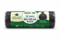Weekend Medium black garbage bag roll with green label showing 12 bags and 60 by 55 cm on white background