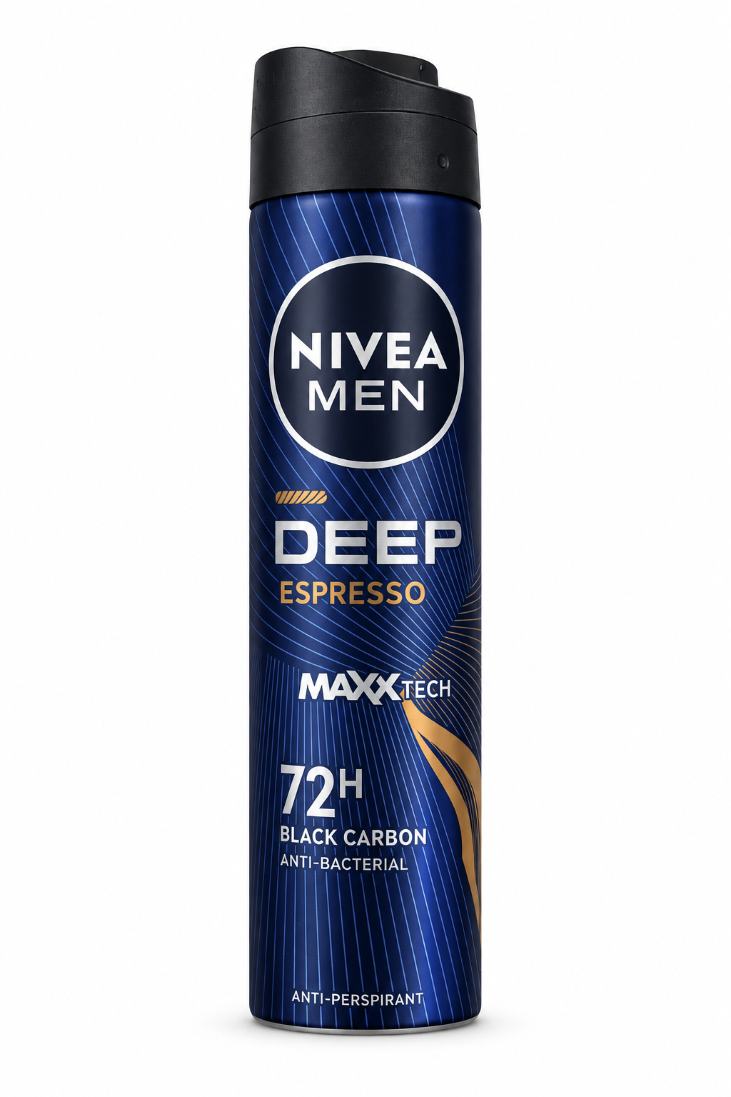 Nivea Men Deep Espresso 72H original navy can with gold lettering and accent on white background