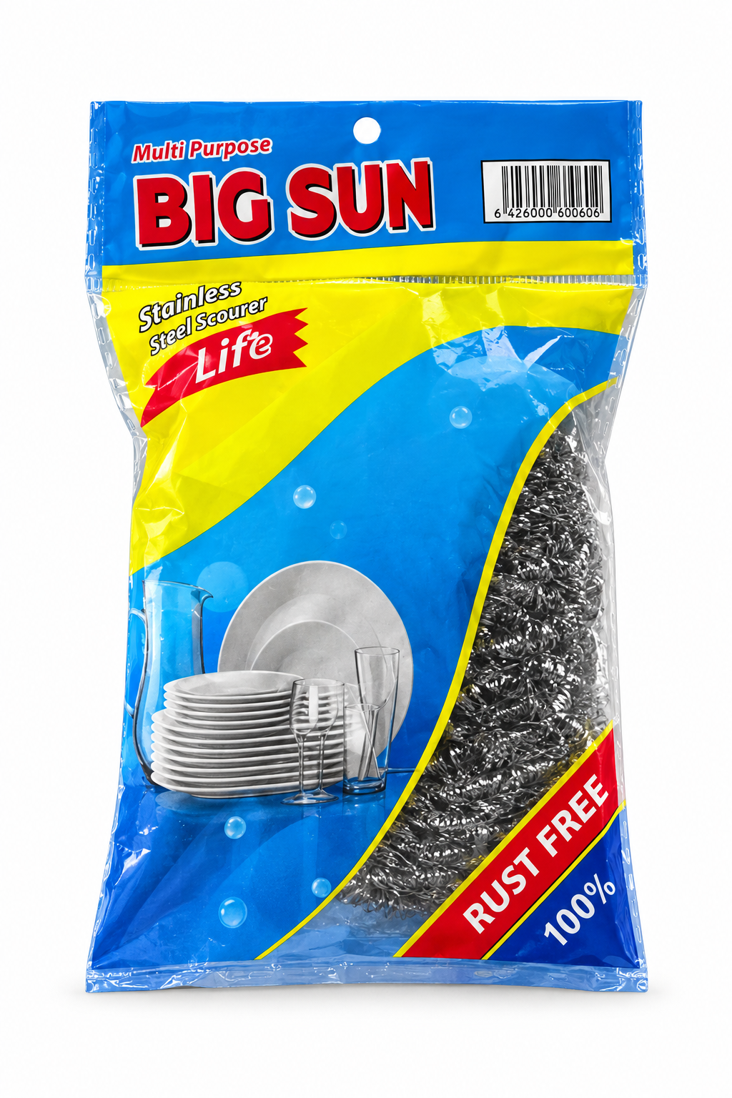 Big Sun stainless steel scourer in blue-and-yellow pouch packaging with cookware artwork on white background