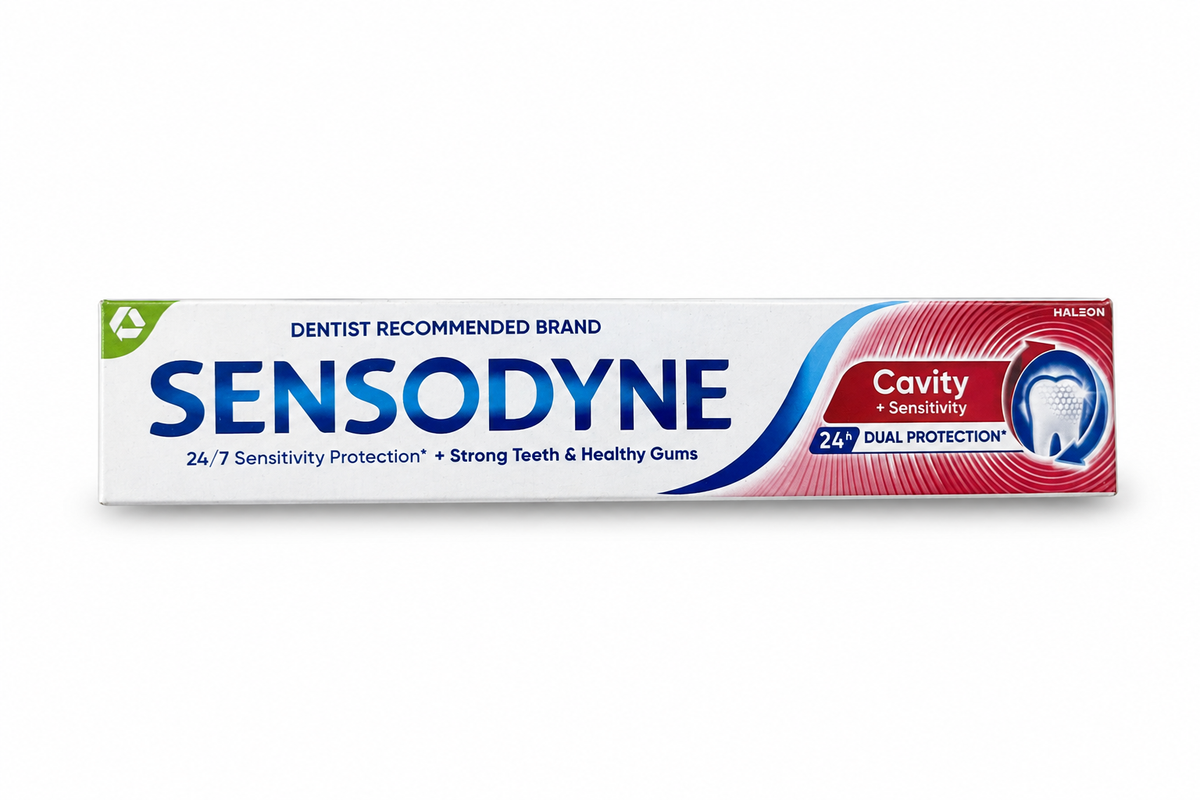 Sensodyne Cavity + Sensitivity toothpaste carton on a white background