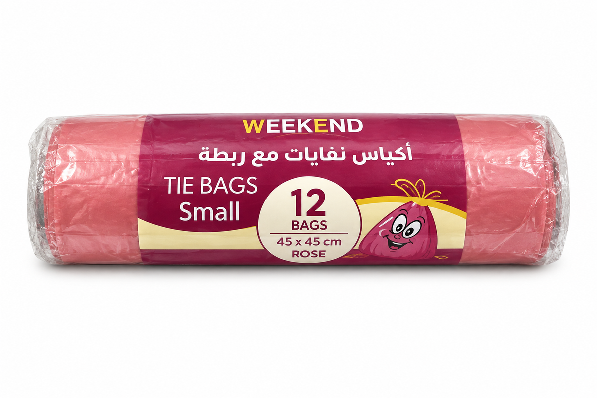 Weekend Small rose-colored tie garbage bag roll with 12 bags and 45 by 45 cm labeling on white background