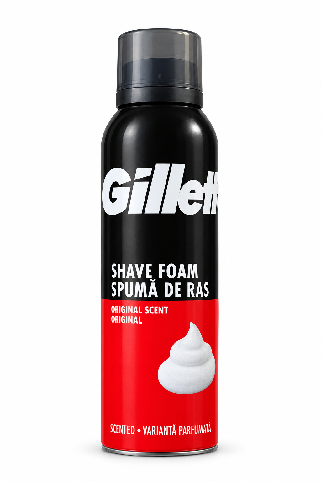 Gillette Original Scent shaving foam black can with red label and grey cap on a white background