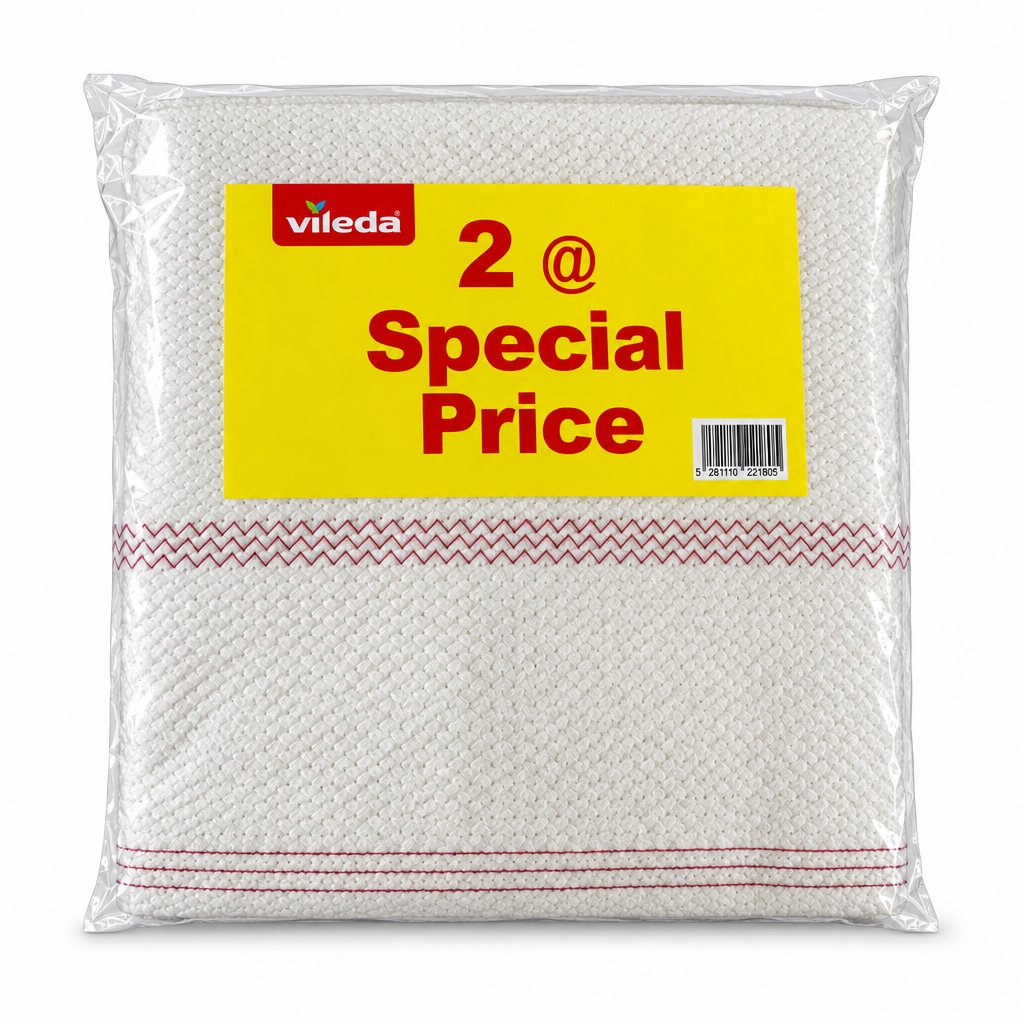 Vileda off-white cleaning cloth 2-pack with burgundy stitching and original yellow Special Price label on white background