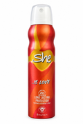 Red and orange She Is Love deodorant spray can on a white background