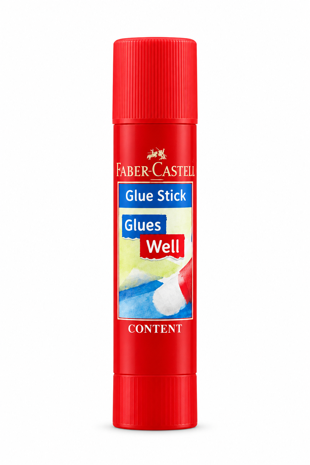 Faber-Castell red glue stick with original Glues Well label and matching red cap on white background