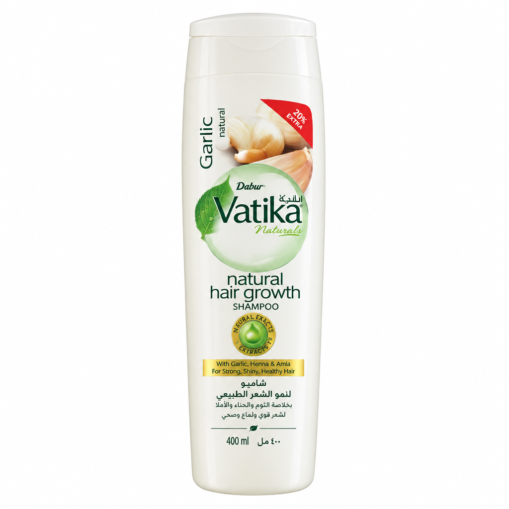 Dabur Vatika Garlic shampoo without plastic wrapping on white background
