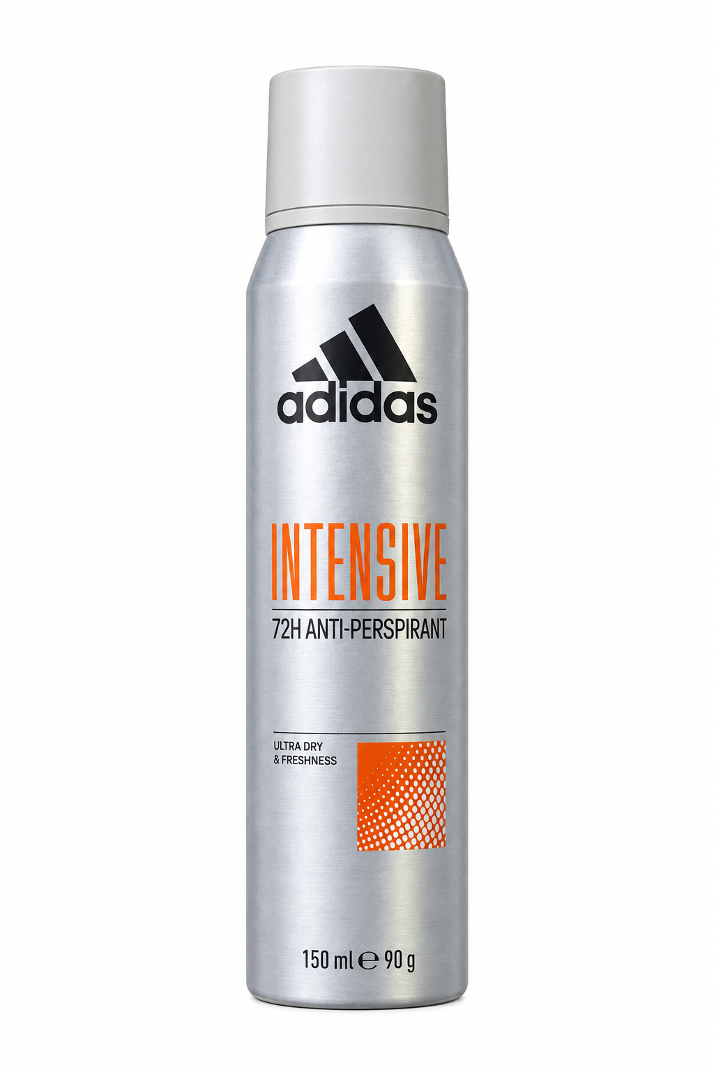 Silver adidas Intensive antiperspirant spray can, 150 ml, on a white background