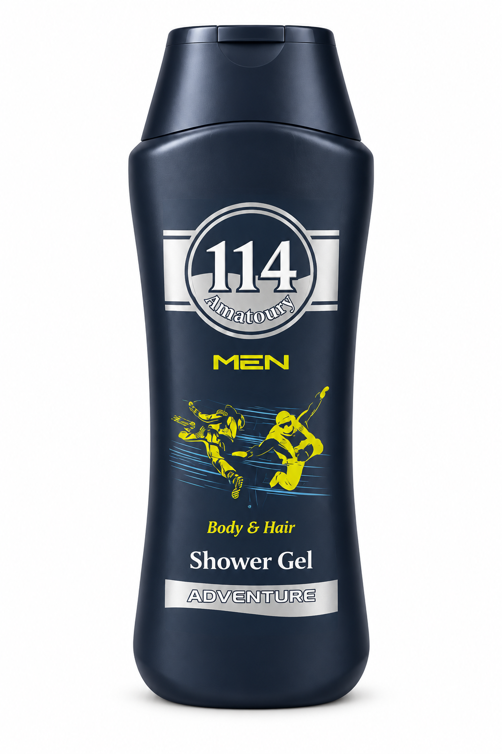 Amatoury 114 Men Adventure dark navy body and hair shower gel bottle with yellow-green athletic artwork on white background