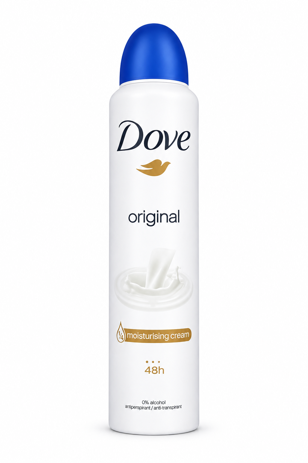 Dove Original white antiperspirant can with blue cap on white background