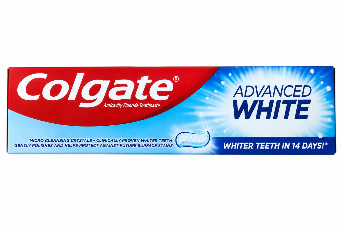 Colgate Advanced White toothpaste carton on white background without plastic wrapping