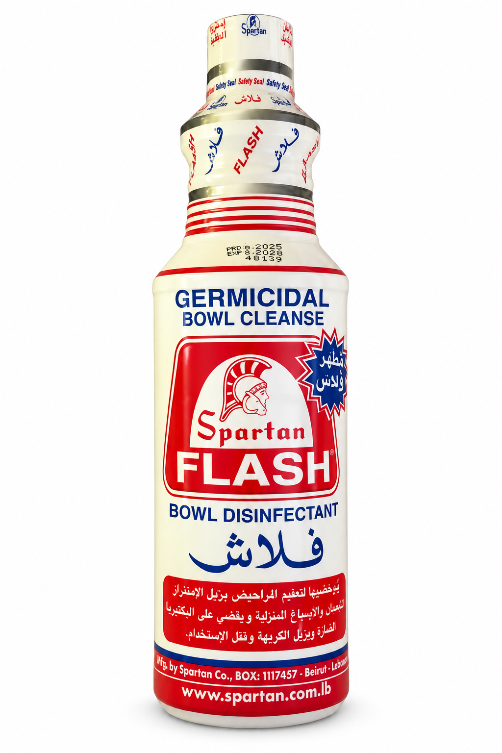 Spartan Flash cream-colored bowl disinfectant bottle with original red-and-navy label and safety seal on white background