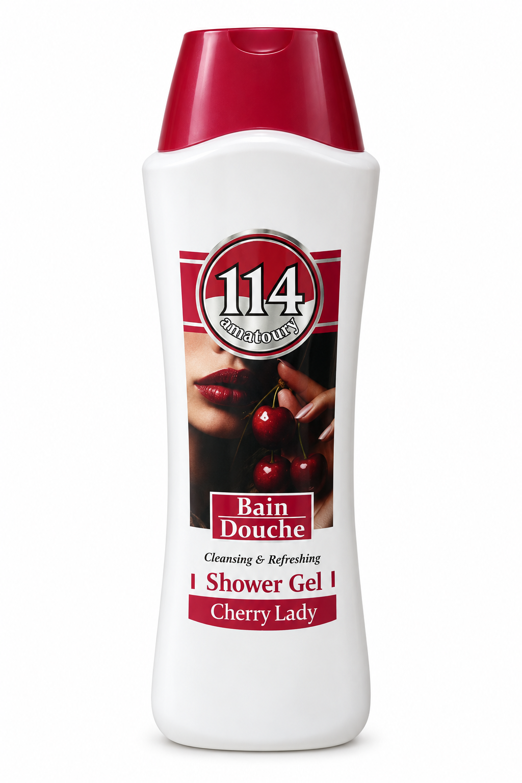 Amatoury 114 Cherry Lady white shower gel bottle with cherry artwork and burgundy-red cap on white background