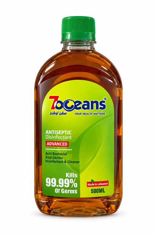 7 Oceans Advanced antiseptic disinfectant 500 ml amber-liquid bottle with lime-green label and green cap on white background