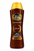 Amatoury 114 Saboun Baladi amber-brown shower gel bottle with gold leafy artwork and yellow cap on white background