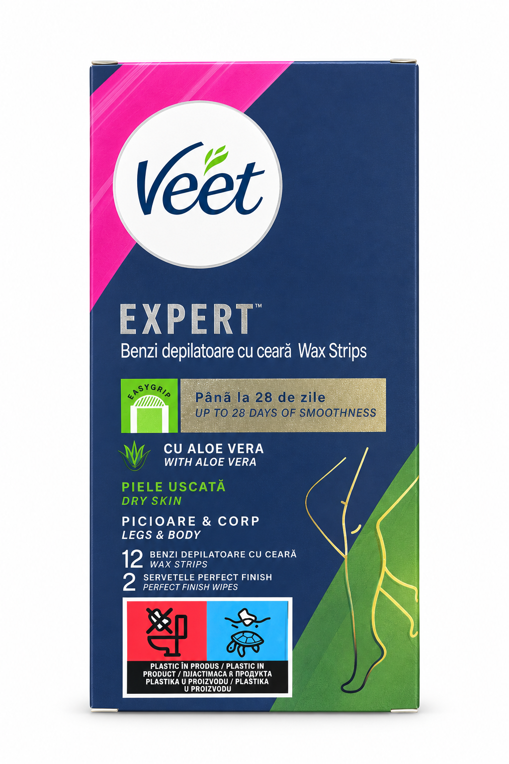 Veet Expert dry skin legs and body wax strips package on a white background
