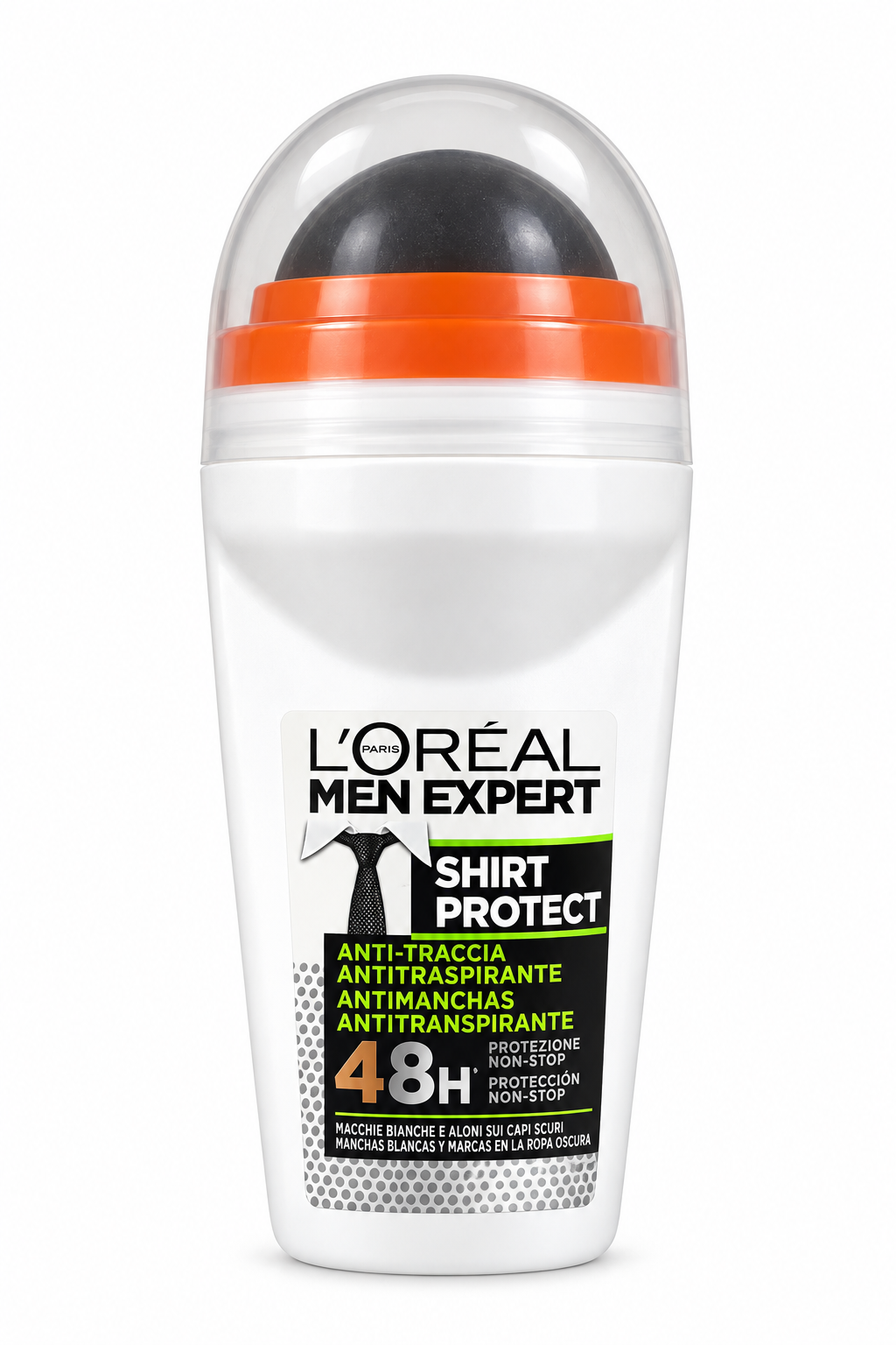 L’Oréal Men Expert Shirt Protect white roll-on with clear dome cap and original black and green label on a white background