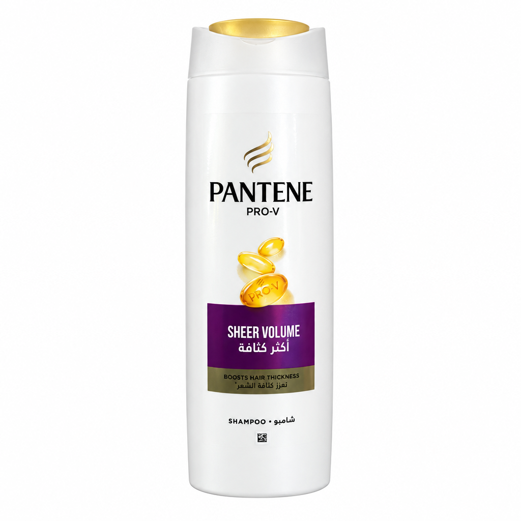 Pantene Pro-V Sheer Volume shampoo with purple label on white background