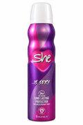 Purple and magenta She Is Sexy deodorant spray can on a white background