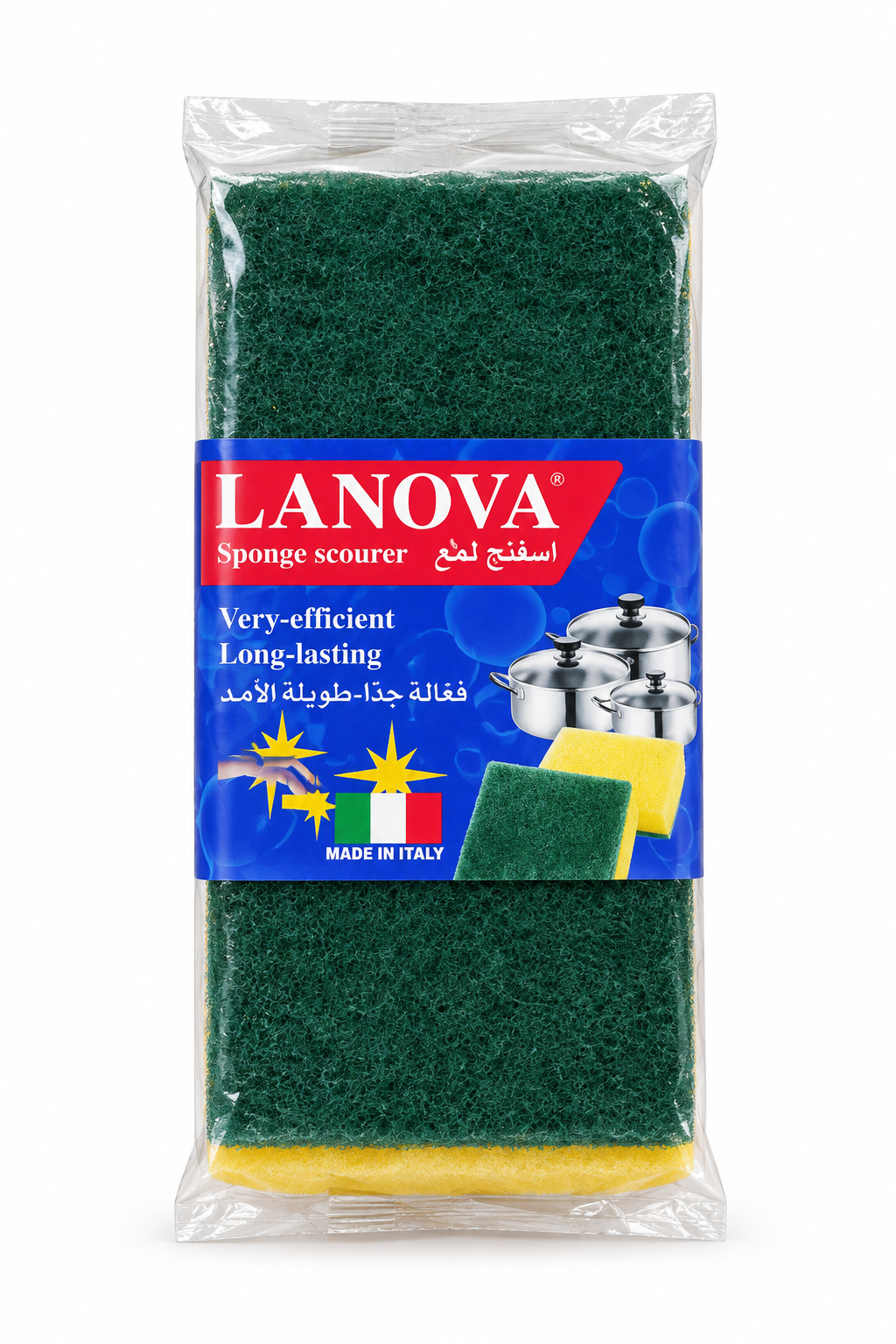 LANOVA green-and-yellow sponge scourer in clear packaging with its original blue label on white background