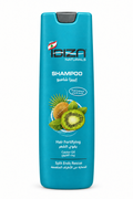 Ibiza Naturals teal kiwi shampoo bottle with straight sides and recessed grey cap on white background