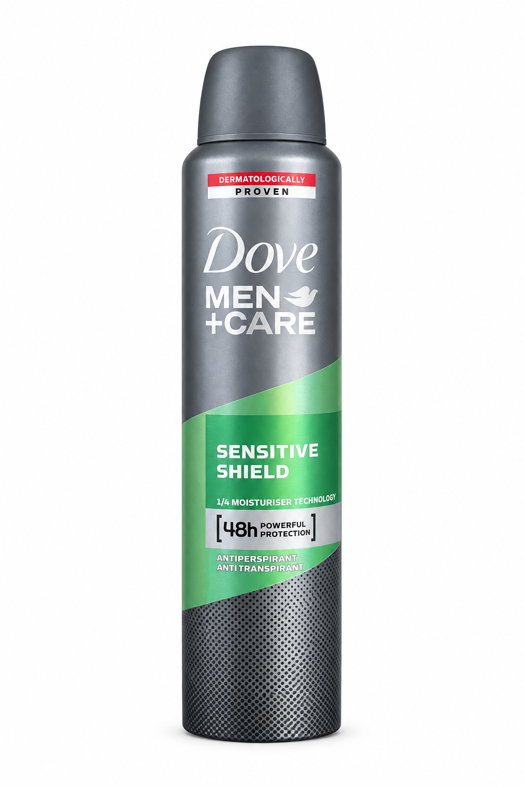 Dove Men+Care Sensitive Shield silver and green spray can on white background