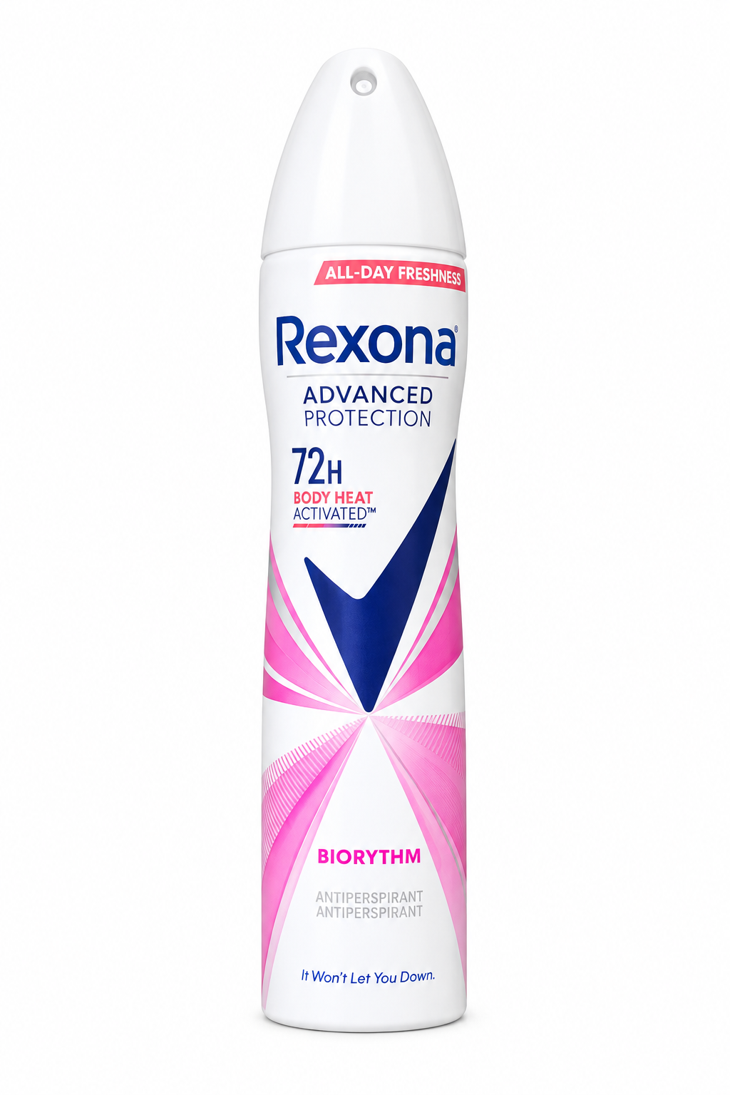 Rexona Advanced Protection Biorythm antiperspirant spray can on a white background