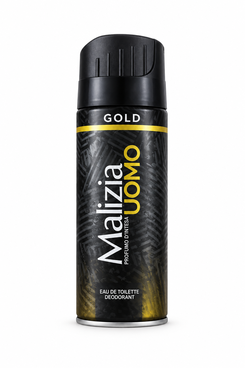 Malizia Uomo Gold original black and gold deodorant can on white background
